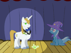 Size: 500x374 | Tagged: safe, artist:evil-dec0y, discord, prince blueblood, queen chrysalis, trixie, pony, unicorn, comic:trixie vs., g4, animated, cape, clothes, disguise, disguised changeling, duo, female, hat, heart eyes, male, mare, shapeshifting, ship:bluetrix, shipping, stage, straight, transformation, trixie's cape, trixie's hat, wingding eyes