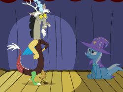 Size: 500x374 | Tagged: safe, artist:evil-dec0y, discord, queen chrysalis, trixie, changeling, changeling queen, pony, unicorn, comic:trixie vs., g4, animated, cape, clothes, duo, female, hat, mare, shapeshifting, stage, transformation, trixie's cape, trixie's hat