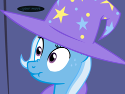 Size: 1280x957 | Tagged: safe, artist:evil-dec0y, trixie, pony, unicorn, comic:trixie vs., g4, cape, clothes, female, hat, mare, offscreen character, scrunchy face, solo, sweat, trixie's cape, trixie's hat