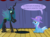 Size: 1280x957 | Tagged: safe, artist:evil-dec0y, queen chrysalis, trixie, changeling, changeling queen, pony, unicorn, comic:trixie vs., g4, cape, clothes, duo, duo female, female, hat, mare, stage, trixie's cape, trixie's hat