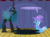 Size: 1280x957 | Tagged: safe, artist:evil-dec0y, queen chrysalis, trixie, changeling, changeling queen, pony, unicorn, comic:trixie vs., g4, cape, clothes, duo, duo female, female, hat, mare, stage, trixie's cape, trixie's hat