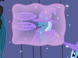 Size: 1280x957 | Tagged: safe, artist:evil-dec0y, queen chrysalis, trixie, changeling, changeling queen, pony, unicorn, comic:trixie vs., g4, cape, clothes, duo, duo female, female, hat, magic, mare, trixie's cape, trixie's hat