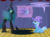 Size: 1280x957 | Tagged: safe, artist:evil-dec0y, queen chrysalis, trixie, changeling, changeling queen, pony, unicorn, comic:trixie vs., g4, cape, clothes, duo, duo female, female, hat, mare, stage, trixie's cape, trixie's hat