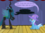 Size: 1280x957 | Tagged: safe, artist:evil-dec0y, queen chrysalis, trixie, changeling, changeling queen, pony, unicorn, comic:trixie vs., g4, cape, clothes, duo, duo female, female, hat, mare, stage, trixie's cape, trixie's hat