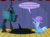 Size: 1280x957 | Tagged: safe, artist:evil-dec0y, queen chrysalis, trixie, changeling, changeling queen, pony, unicorn, comic:trixie vs., g4, cape, clothes, duo, duo female, female, hat, mare, stage, trixie's cape, trixie's hat