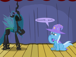 Size: 1280x957 | Tagged: safe, artist:evil-dec0y, queen chrysalis, trixie, changeling, changeling queen, pony, unicorn, comic:trixie vs., g4, cape, clothes, duo, duo female, female, gigglesnort, hat, mare, stage, trixie's cape, trixie's hat