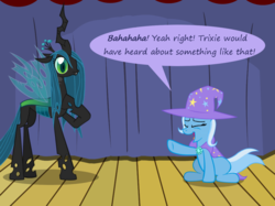 Size: 1280x957 | Tagged: safe, artist:evil-dec0y, queen chrysalis, trixie, changeling, changeling queen, pony, unicorn, comic:trixie vs., g4, cape, clothes, duo, duo female, female, hat, laughing, mare, stage, trixie's cape, trixie's hat