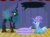 Size: 1280x957 | Tagged: safe, artist:evil-dec0y, queen chrysalis, trixie, changeling, changeling queen, pony, unicorn, comic:trixie vs., g4, cape, clothes, duo, duo female, female, hat, mare, stage, trixie's cape, trixie's hat