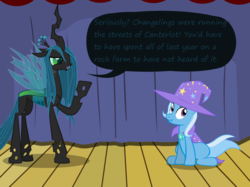 Size: 1280x957 | Tagged: safe, artist:evil-dec0y, queen chrysalis, trixie, changeling, changeling queen, pony, unicorn, comic:trixie vs., g4, cape, clothes, duo, duo female, female, hat, mare, scrunchy face, stage, trixie's cape, trixie's hat