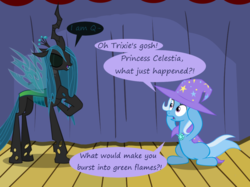 Size: 1280x957 | Tagged: safe, artist:evil-dec0y, queen chrysalis, trixie, changeling, changeling queen, pony, unicorn, comic:trixie vs., g4, cape, clothes, duo, duo female, female, hat, mare, stage, trixie's cape, trixie's hat