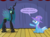 Size: 1280x957 | Tagged: safe, artist:evil-dec0y, queen chrysalis, trixie, changeling, changeling queen, pony, unicorn, comic:trixie vs., g4, cape, clothes, duo, duo female, female, hat, mare, stage, trixie's cape, trixie's hat