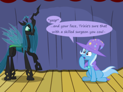 Size: 1280x957 | Tagged: source needed, useless source url, safe, artist:evil-dec0y, queen chrysalis, trixie, changeling, changeling queen, pony, unicorn, comic:trixie vs., g4, cape, clothes, duo, duo female, female, hat, mare, scrunchy face, stage, trixie's cape, trixie's hat