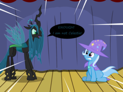 Size: 1280x957 | Tagged: safe, artist:evil-dec0y, queen chrysalis, trixie, changeling, changeling queen, pony, unicorn, comic:trixie vs., g4, cape, clothes, duo, duo female, female, hat, implied princess celestia, mare, stage, trixie's cape, trixie's hat