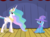 Size: 1280x957 | Tagged: safe, artist:evil-dec0y, princess celestia, trixie, alicorn, pony, unicorn, comic:trixie vs., g4, cape, clothes, duo, duo female, female, hat, mare, shrunken pupils, stage, trixie's cape, trixie's hat