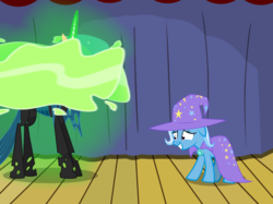 Size: 1280x957 | Tagged: safe, artist:evil-dec0y, queen chrysalis, trixie, changeling, changeling queen, pony, unicorn, comic:trixie vs., g4, cape, changeling magic, clothes, duo, duo female, female, hat, mare, shapeshifting, stage, transformation, trixie's cape, trixie's hat