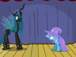 Size: 1280x957 | Tagged: safe, artist:evil-dec0y, queen chrysalis, trixie, changeling, changeling queen, pony, unicorn, comic:trixie vs., g4, cape, clothes, duo, duo female, female, hat, mare, shocked, stage, trixie's cape, trixie's hat