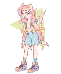 Size: 1280x1540 | Tagged: safe, artist:waackery, fluttershy, anthro, plantigrade anthro, g4, abstract background, backpack, clothes, cute, female, hoodie, lidded eyes, looking at you, overalls, shoes, shyabetes, simple background, smiling, sneakers, solo, three quarter view, transparent background, wings