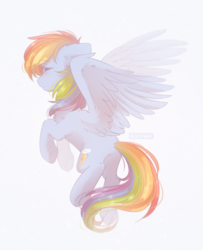 Size: 810x996 | Tagged: safe, artist:floweryoutoday, rainbow dash, pegasus, pony, g4, chest fluff, cute, dashabetes, ear fluff, eyes closed, female, leg fluff, mare, profile, simple background, solo, spread wings, white background, wing fluff, wings