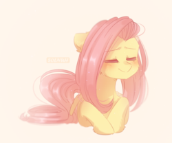 Size: 1180x980 | Tagged: dead source, safe, artist:floweryoutoday, fluttershy, pegasus, pony, g4, blushing, cheek fluff, cute, ear fluff, eyes closed, female, floppy ears, leg fluff, mare, pink background, prone, shyabetes, simple background, solo