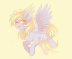 Size: 1162x947 | Tagged: safe, artist:floweryoutoday, derpy hooves, pegasus, pony, g4, cheek fluff, chest fluff, cute, derpabetes, ear fluff, female, leg fluff, mare, one eye closed, open mouth, simple background, solo, spread wings, wing fluff, wings, wink, yellow background