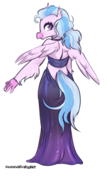 Size: 1772x2929 | Tagged: dead source, safe, artist:rainbowsprinklesart, silverstream, hippogriff, anthro, alternate hairstyle, backless, beautiful, clothes, cute, diastreamies, dress, ear piercing, earring, featured image, female, jewelry, looking at you, looking back, looking back at you, piercing, profile, simple background, solo, sweet dreams fuel, white background