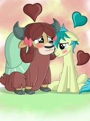 Size: 2048x2732 | Tagged: safe, artist:justsomepainter11, sandbar, yona, earth pony, pony, yak, g4, blushing, bow, cloven hooves, cute, female, floppy ears, hair bow, heart, high res, interspecies, male, monkey swings, sandabetes, ship:yonabar, shipping, show accurate, sitting, straight, yonadorable