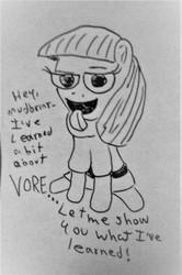Size: 1063x1597 | Tagged: safe, artist:dex stewart, maud pie, earth pony, pony, g4, dialogue, female, imminent vore, implied mudbriar, kitchen eyes, mare, monochrome, solo