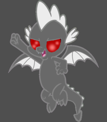 Size: 836x955 | Tagged: safe, edit, editor:undeadponysoldier, spike, bat, dragon, original species, g4, molt down, bat dragon, fist, flying, gray background, male, open mouth, raised arm, red eyes, simple background, solo, spike the bat, spread wings, winged spike, wings