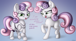 Size: 3100x1700 | Tagged: safe, artist:awalex, sweetie belle, pony, robot, robot pony, unicorn, g4, assuming direct control, blank flank, chest fluff, dialogue, duality, female, filly, open mouth, s team, self ponidox, smiling, sweetie bot