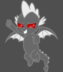 Size: 836x955 | Tagged: safe, alternate version, edit, editor:undeadponysoldier, spike, bat, dragon, original species, g4, molt down, bat dragon, evil, evil smile, fist, flying, gray background, grin, male, raised arm, red eyes, simple background, smiling, solo, spike the bat, spread wings, winged spike, wings