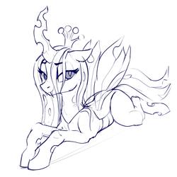 Size: 2000x2000 | Tagged: safe, artist:dimfann, queen chrysalis, changeling, changeling queen, g4, crown, female, high res, jewelry, lineart, monochrome, prone, regalia, solo