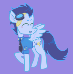 Size: 1714x1758 | Tagged: safe, artist:halfrobin, soarin', pegasus, pony, g4, blushing, clothes, eyes closed, goggles, male, necktie, open mouth, purple background, simple background, soarinbetes, solo, stallion