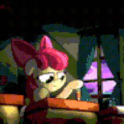 Size: 320x320 | Tagged: safe, artist:slitherpon, edit, editor:undeadponysoldier, apple bloom, earth pony, pony, g4, animated, bow, desk, female, filly, ominous, pencil, pixel art, ponyville schoolhouse, quick draw, satisfying, solo, window
