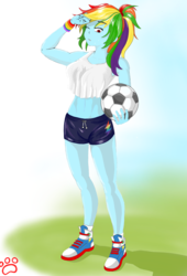 Size: 1806x2649 | Tagged: safe, artist:xxpaw2001xx, rainbow dash, equestria girls, g4, abs, breasts, busty rainbow dash, clothes, converse, female, football, midriff, one eye closed, ponytail, shoes, sneakers, solo, sports, sports bra, sports shorts, sweat, tank top, wristband