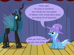 Size: 1280x957 | Tagged: safe, artist:evil-dec0y, queen chrysalis, trixie, changeling, changeling queen, pony, unicorn, comic:trixie vs., g4, angry, cape, clothes, cute, cutealis, dialogue, diatrixes, duo, duo female, female, hat, madorable, mare, stage, trixie's cape, trixie's hat