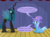 Size: 1280x957 | Tagged: safe, artist:evil-dec0y, queen chrysalis, trixie, changeling, changeling queen, pony, unicorn, comic:trixie vs., g4, cape, clothes, duo, duo female, female, hat, mare, stage, trixie's cape, trixie's hat