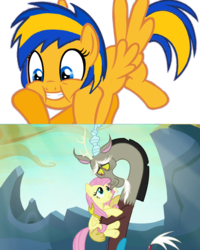 Size: 1209x1510 | Tagged: safe, artist:mlpfan3991, edit, edited screencap, screencap, discord, fluttershy, oc, oc:flare spark, g4, to where and back again, female, flare spark is best facemaker, male, ship:discoshy, shipping, shipping fuel, straight