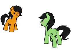 Size: 1842x1264 | Tagged: safe, artist:neuro, oc, oc only, oc:filly anon, earth pony, pony, /mlpol/, blushing, duo, duo female, female, filly, food, looking at each other, mlem, orange, question mark, silly, simple background, tongue out, transparent background