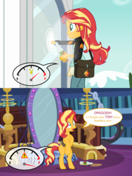 Size: 9000x12000 | Tagged: safe, artist:ithinkitsdivine, sunset shimmer, unicorn, equestria girls, g4, absurd resolution, bag, bipedal, bladder gauge, blushing, bottle, comic, covering crotch, desperation, dialogue, female, missing cutie mark, need to pee, omigosh, omorashi, portal, potty emergency, potty time, show accurate, solo, spilled drink, twilight's castle