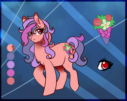 Size: 750x600 | Tagged: safe, artist:night-iris, oc, oc only, earth pony, pony, adoptable, bubblegum, flower, food, freckles, gum, pink, reference sheet, solo