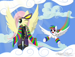 Size: 1024x778 | Tagged: safe, artist:cloclo2388, fluttershy, oc, oc:pixel prism, pony, g4, blushing, clothes, cloud, costume, day, description story, duo, glasses, goggles, joke, one eye closed, scarf, shadowbolts, shadowbolts costume, sky