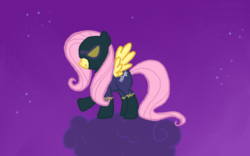 Size: 640x400 | Tagged: safe, artist:sparroesong, fluttershy, pony, g4, clothes, cloud, costume, female, shadowbolts, shadowbolts costume, solo