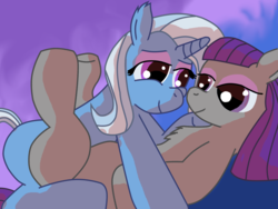 Size: 2048x1536 | Tagged: safe, artist:thecrimsondm, maud pie, trixie, earth pony, pony, unicorn, g4, chest fluff, female, lesbian, ship:mauxie, shipping, smiling