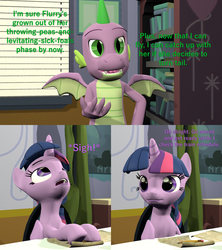 Size: 1920x2160 | Tagged: safe, artist:papadragon69, spike, twilight sparkle, alicorn, dragon, pony, comic:spike's cyosa, g4, 3d, comic, cyoa, desk, implied flurry heart, older, older spike, scroll, source filmmaker, teenage spike, teenaged dragon, teenager, twilight sparkle (alicorn), winged spike, wings