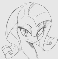 Size: 686x707 | Tagged: safe, artist:tre, rarity, pony, unicorn, g4, female, grayscale, mare, missing horn, monochrome, simple background, sketch, solo, white background
