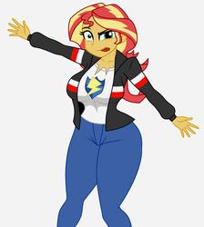 Size: 1700x1900 | Tagged: safe, artist:mashoart, sunset shimmer, equestria girls, g4, breasts, busty sunset shimmer, clothes, clothes swap, faic, female, implied flash sentry, implied flashimmer, implied shipping, implied straight, looking at you, simple background, smiling, solo, thick, tongue out, white background, wide hips