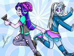 Size: 1024x768 | Tagged: safe, artist:lacie-buncat, starlight glimmer, trixie, equestria girls, g4, beanie, boots, caught, clothes, dragging, female, flashlight (object), hat, hoodie, miniskirt, pants, ripped pants, running, running in place, scared, shoes, skirt, skirt pull, socks