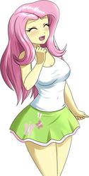 Size: 1400x2786 | Tagged: safe, artist:danmakuman, fluttershy, human, equestria girls, g4, adorable face, adorasexy, breasts, busty fluttershy, cleavage, clothes, cute, eyes closed, female, laughing, legs, legs together, miniskirt, moe, sexy, shirt, shyabetes, simple background, skirt, sleeveless, sleeveless shirt, smiling, solo, stupid sexy fluttershy, tank top, thighs, white background