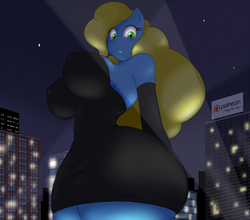 Size: 1280x1128 | Tagged: safe, artist:angelthecatgirl, oc, oc only, oc:pixie, anthro, big breasts, billboard, black dress, breasts, building, city, clothes, dress, evening gloves, female, giantess, gloves, green eyes, huge breasts, long gloves, looking down, macro, night, patreon, patreon logo, solo