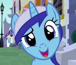 Size: 1228x1048 | Tagged: safe, screencap, minuette, pony, unicorn, amending fences, g4, cropped, cute, female, happy, looking at you, mare, minubetes, png, solo, streetlight